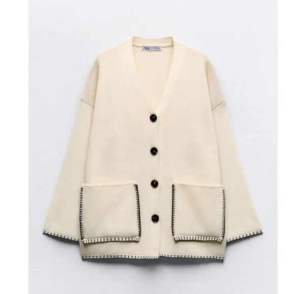 Zara Cream V-Neck Button Cardigan Sweater - Picture 3 of 4